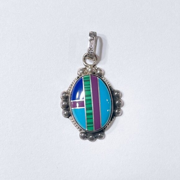 Sterling Silver Multi Gemstone Navajo Pendant With Inlay Design - Picture 5 of 5